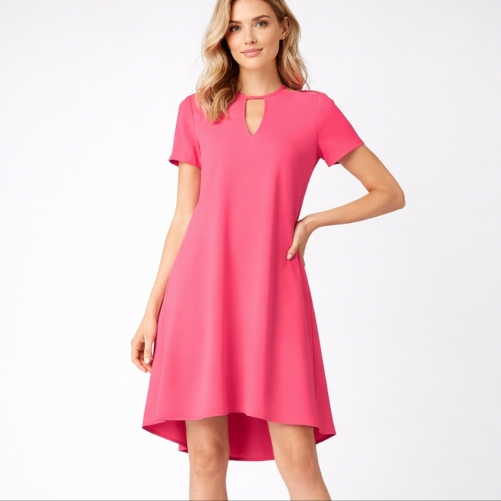 TRINA TURK Size 6 Pink Crepe Keyhole Crew Neck 'Floramaria' High-Low Swing Dress